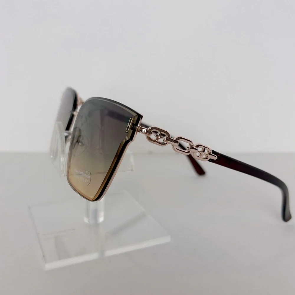 Sunglasses Women’s Brown With Gold Trim Link Design Square Oversized Shades NEW